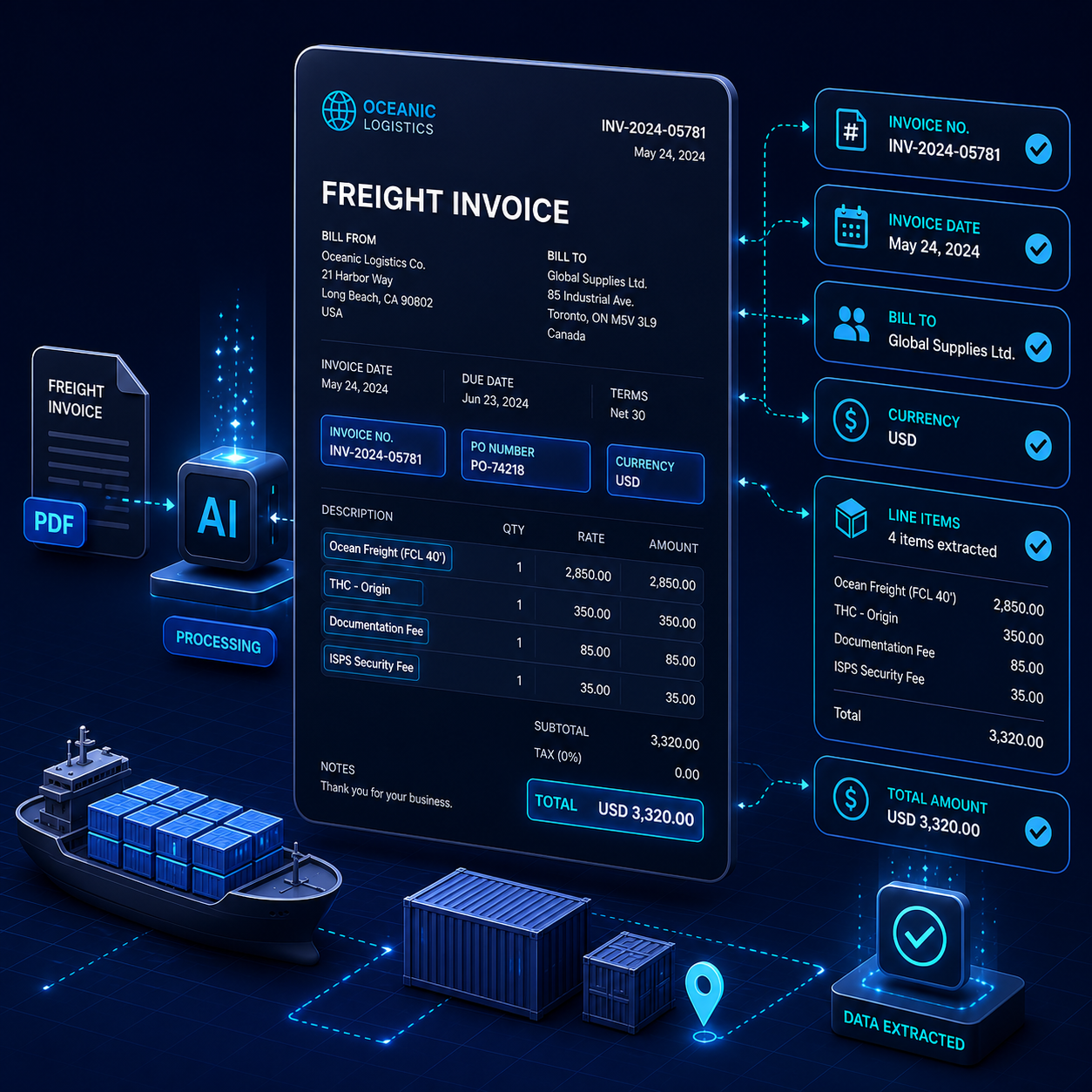 FirmInvoice AI extracting data from a freight carrier invoice